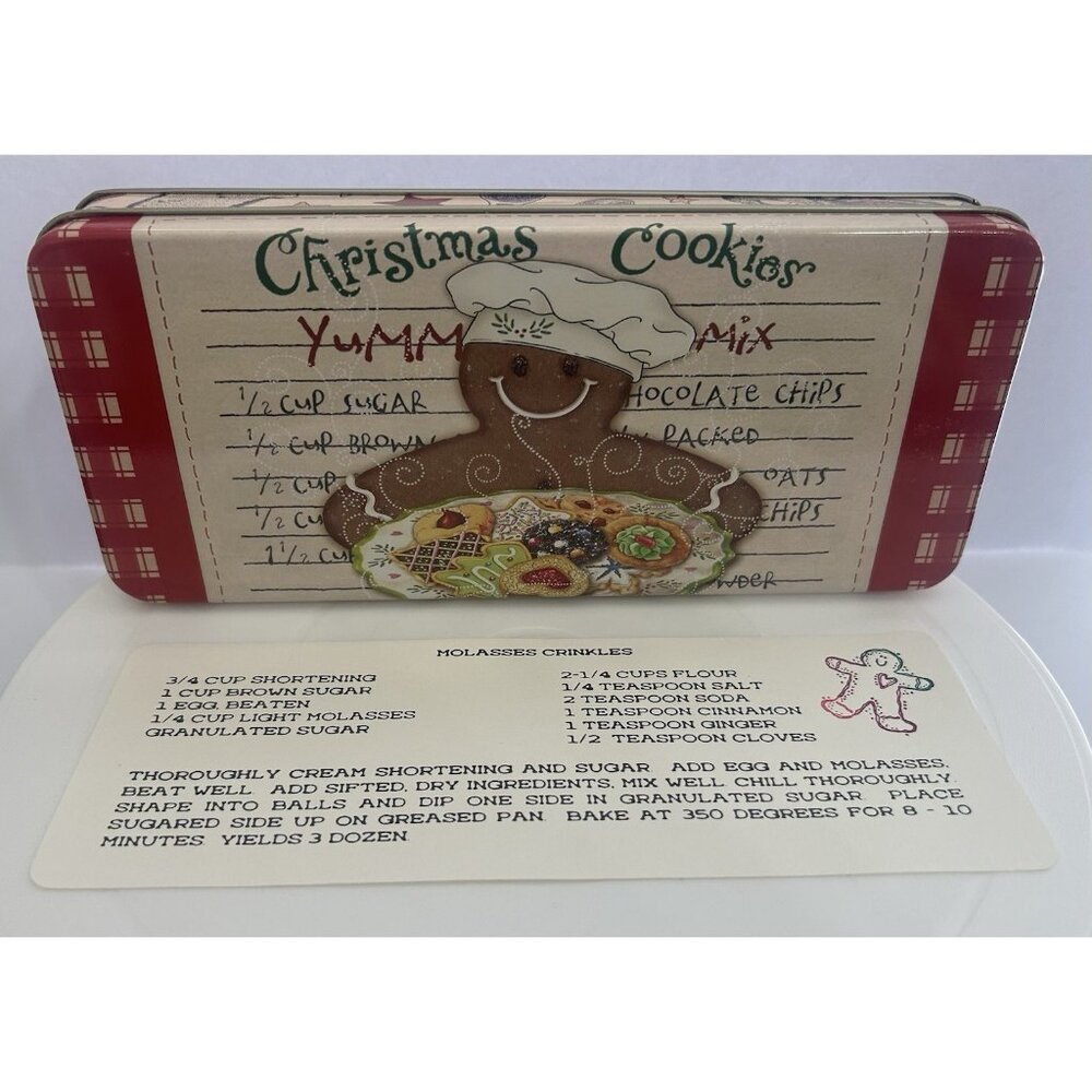 Vintage Holiday Christmas Cookie Tin Gingerbread Man Chef's Hat w/ Recipe Card - Picture 2 of 10